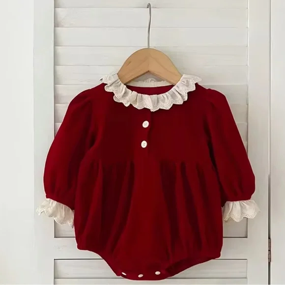 🦌⚠️3 FOR $10 SALE⚠️🦌 Red Baby Romper with White Lace Trim - Picture 1 of 2